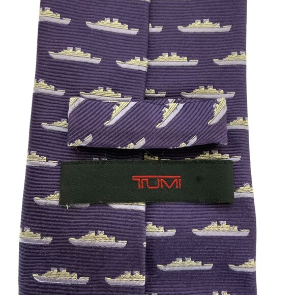 Tumi Mens Silk Faille Navy Ship Pattern Necktie Tie Purple Silver Made In Italy - Picture 3 of 4